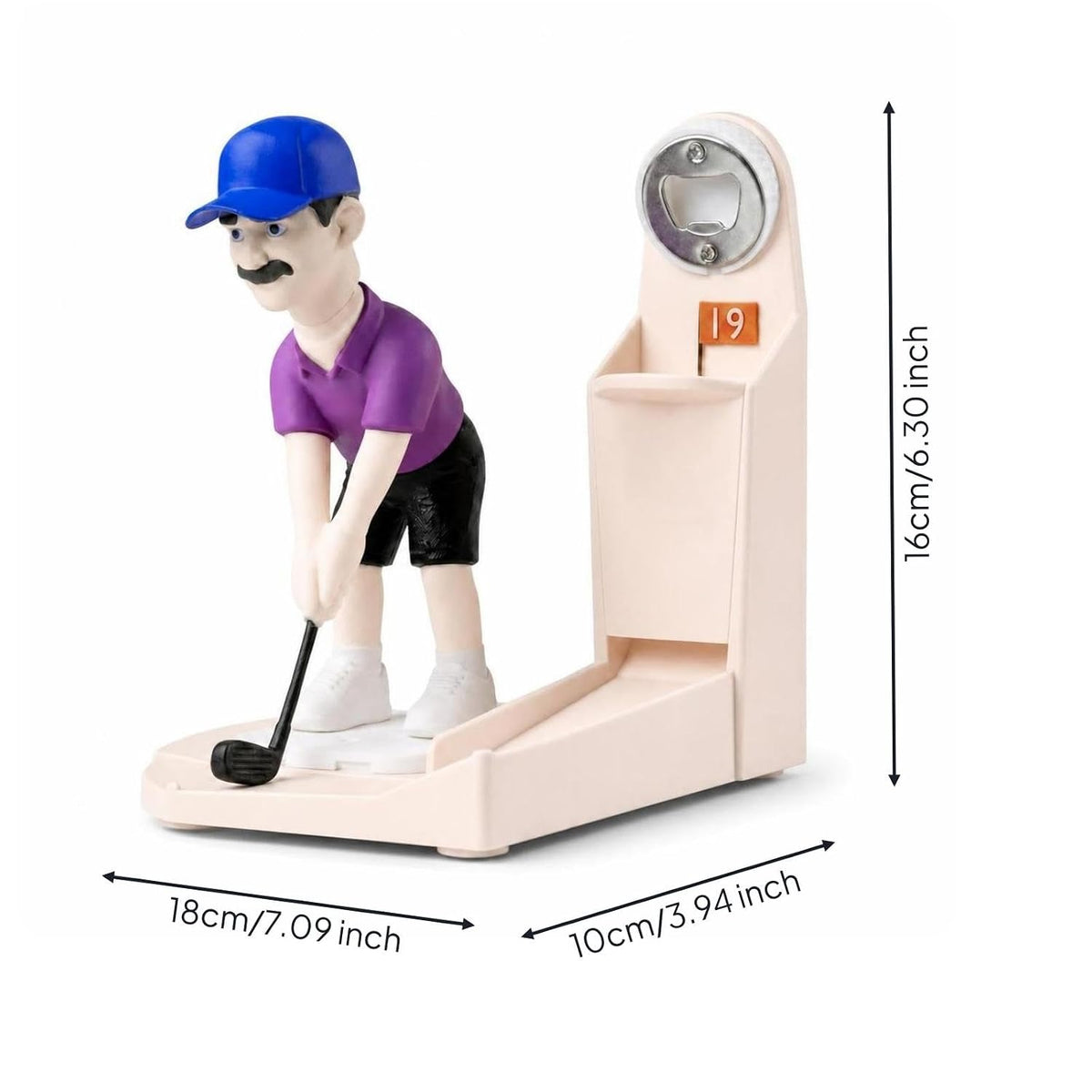 Plastic and Metal Golf Bottle Opener, Novelty Golfer Figurine, Freestanding Desktop Display, 370g, 18cm x 10cm