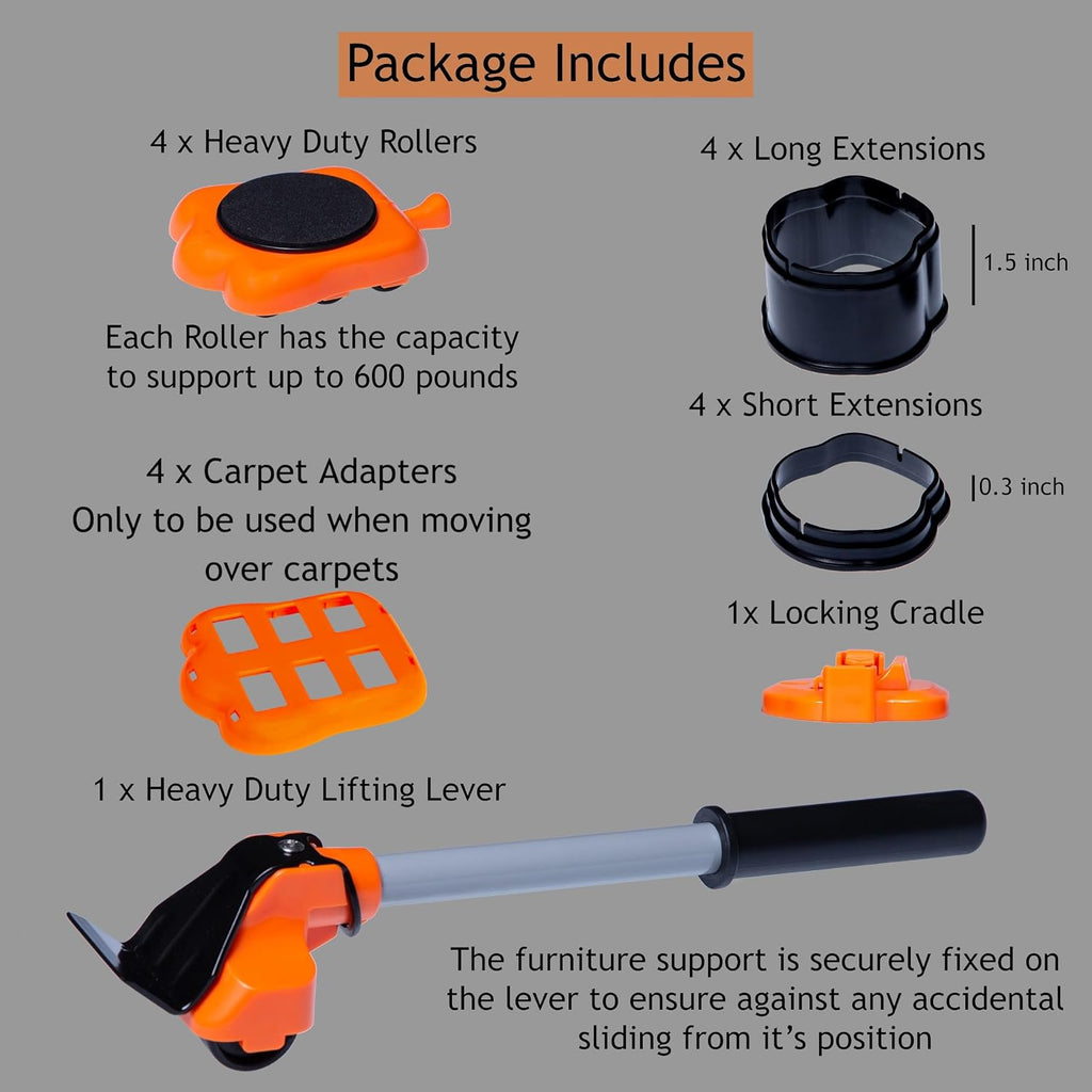 Heavy Duty Furniture Lifter 4 Appliance Roller Sliders with 660 lbs Load Capacity Wheels + Adjustable Height Lifting Tool Lever Suitable for Safe and Easy Moving of Couches Sofas Refrigerators + More