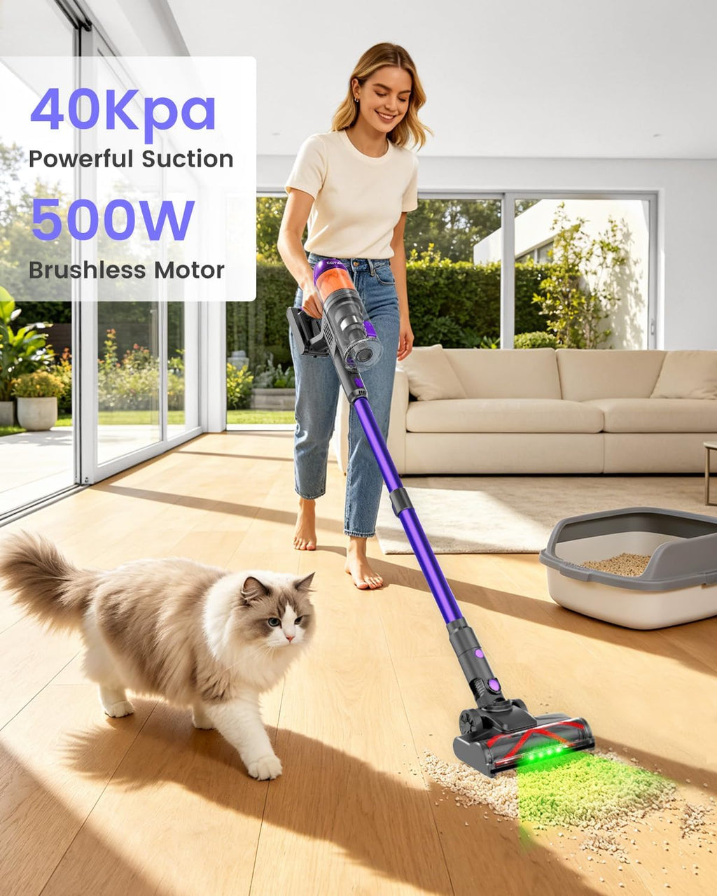 Cordless Vacuum Cleaner,120Min Runtime with 2 Batteries for Pet Hair Carpet