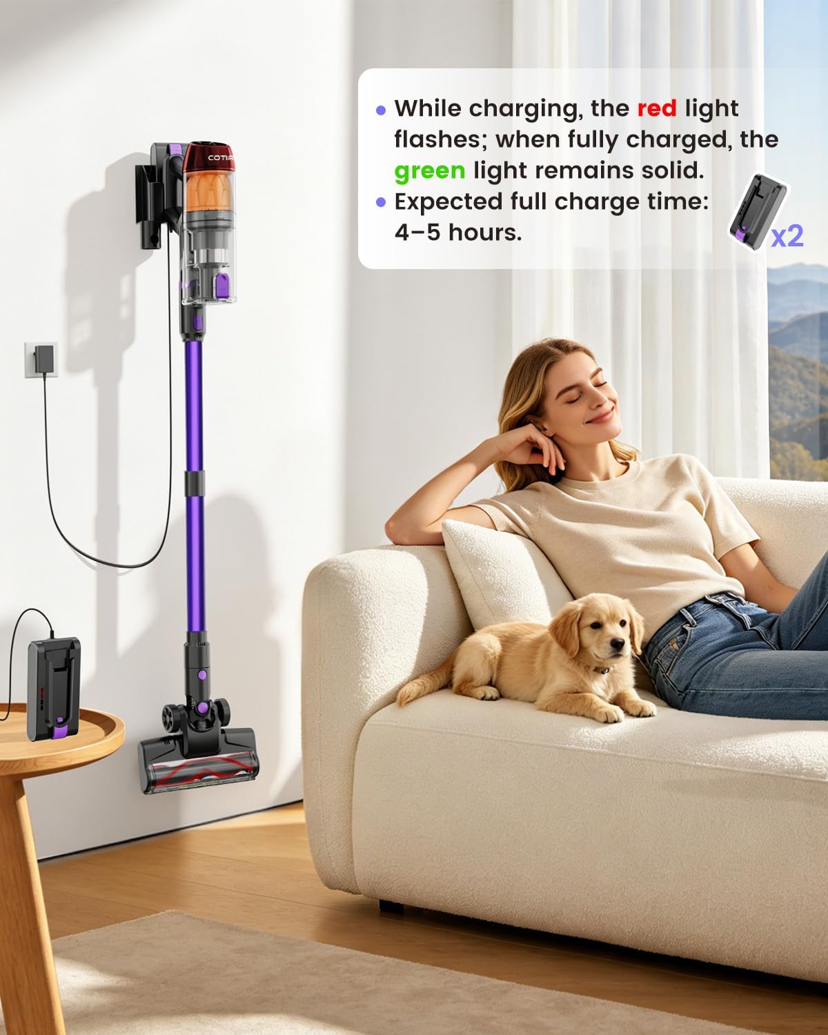 Cordless Vacuum Cleaner,120Min Runtime with 2 Batteries for Pet Hair Carpet